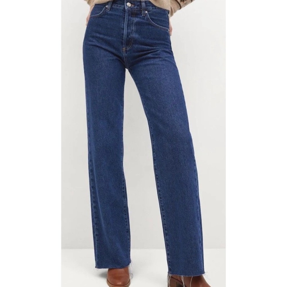 Mango Nora Jeans Women's 8 Blue High Rise Wide Leg Raw Hem Button Fly Cotton